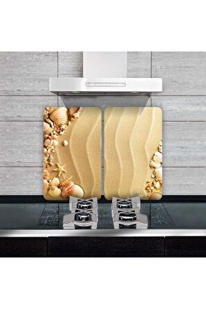 Cam Ocak Koruyucu ve Kesim Tablası Kumsal  (80cm x 52cm) 2 Parça, 5'li Ocaklar